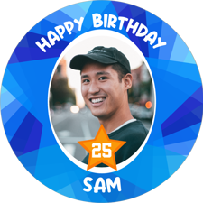 Happy birthday blue coloured funky star border custom age for him photo upload Edible Cupcake Topper