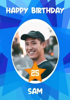 Happy birthday blue coloured funky star border custom age for him photo upload Sponge Cake Topper