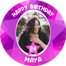 Happy birthday pink coloured funky star border custom age for her photo upload Wafer Cupcake Topper