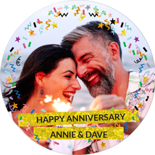 Happy anniversary sparkly gold glitter & coloured confetti photo upload Edible Cupcake Topper