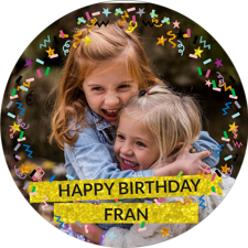 Happy birthday sparkly gold glitter & coloured confetti for girls photo upload Edible Cupcake Topper