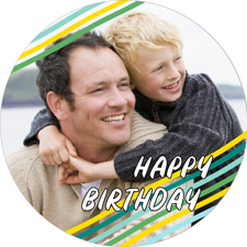 Happy birthday green, blue & yellow line border for him photo upload Edible Cupcake Topper