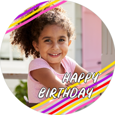 Happy birthday pink & yellow line border for girls photo upload Edible Cupcake Topper