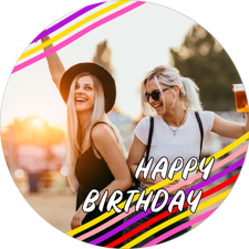 Happy birthday pink & yellow line border for her photo upload Wafer Cupcake Topper