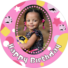 Pink & yellow star happy birthday border for girls photo upload Edible Cupcake Topper