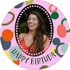 Happy birthday multi-colour abstract circle pink border for her photo upload Wafer Cupcake Topper