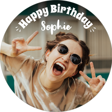 Happy birthday white handwritten text for her photo upload Wafer Cupcake Topper