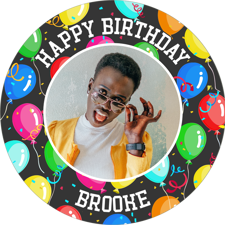 Dancing colourful balloons happy birthday border for her photo upload Wafer Cupcake Topper