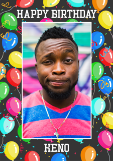 Dancing colourful balloons happy birthday border for him photo upload Sponge Cake Topper