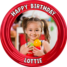 Happy birthday red swirl border for girls photo upload Edible Cupcake Topper