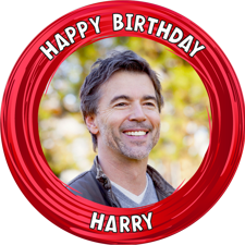 Happy birthday red swirl border for him photo upload Edible Cupcake Topper