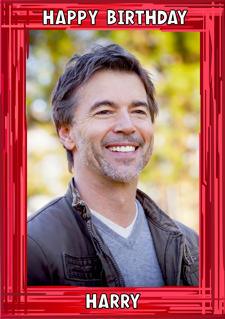 Happy birthday red swirl border for him photo upload Sponge Cake Topper