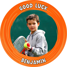 Good luck orange swirl border photo upload Sponge Cake Topper