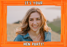 Custom name hen do orange swirl border photo upload Sponge Cake Topper