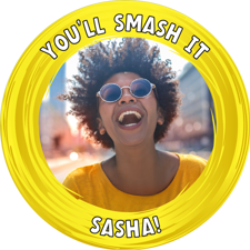 Good luck yellow swirl border photo upload Edible Cupcake Topper