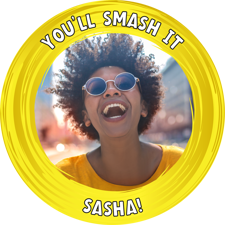 Good luck yellow swirl border photo upload Sponge Cake Topper