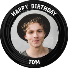 Happy birthday black swirl border for him photo upload Edible Cupcake Topper