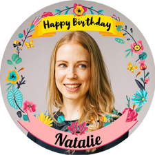 Happy birthday pretty colourful flowers border for her photo upload Wafer Cupcake Topper