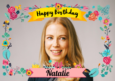 Happy birthday pretty colourful flowers border for her photo upload Sponge Cake Topper