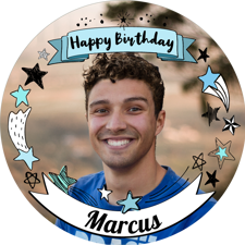 Illustrated blue stars border 'happy birthday' banner for him photo upload Edible Cupcake Topper