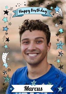 Illustrated blue stars border 'happy birthday' banner for him photo upload Sponge Cake Topper