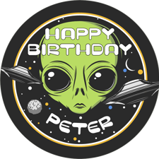 Birthday green alien flying saucers in space for boys custom text Edible Cupcake Topper