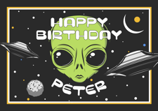 Birthday green alien flying saucers in space for boys custom text Sponge Cake Topper