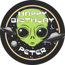 Birthday green alien flying saucers in space for boys custom text Sponge Cake Topper
