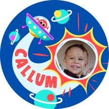 Birthday colourful alien spaceship for boys photo upload Sponge Cake Topper