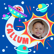 Birthday colourful alien spaceship for boys photo upload Sponge Cake Topper