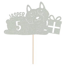 Custom name & age fluffy dog with birthday present  Glitter Topper
