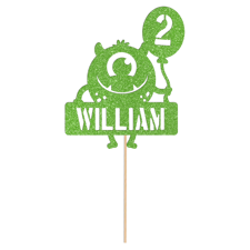 Friendly round monster with birthday balloon custom age & name Glitter Topper