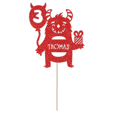 Cute fluffy monster with birthday present custom age & name Glitter Topper