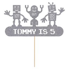 Space robots birthday party custom name & age Glitter Topper