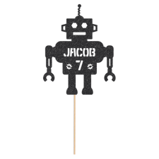 Cool birthday space robot custom age & name Glitter Topper