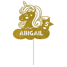 Custom name & age cute magic unicorn horn clouds birthday Glitter Topper